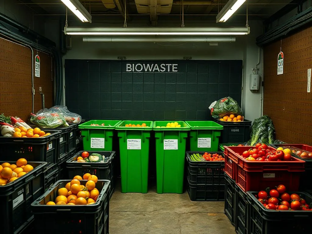 Bacs de collecte de biodéchets et cagettes de fruits et légumes déclassés