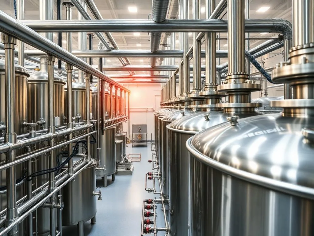 Cuves et tuyauteries de process avec liquides résiduels sur un site industriel
