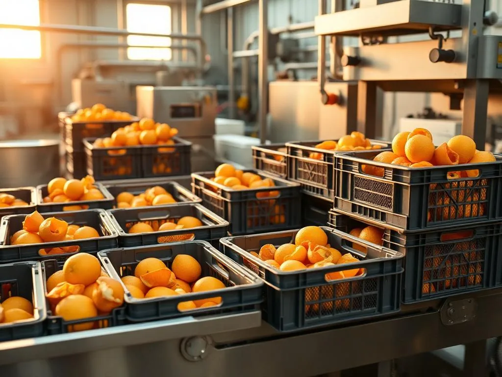Caisses d'écorces d'orange en sortie de ligne de production de jus